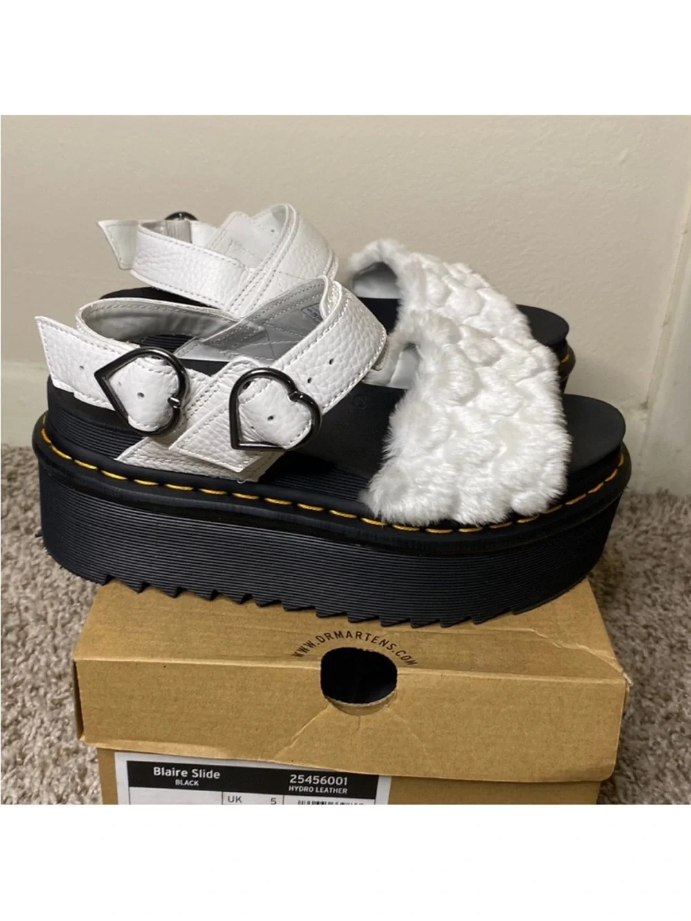 White Faux-Fur Platform Sandals with Buckle Strap